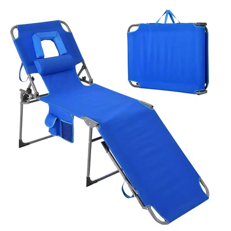 Folding Sun Lounger with Face Hole  75 x 28 Portable Recliner Chair, 5-Position Adjustable Backrest, Includes Pillow & Side Pocket for Beach