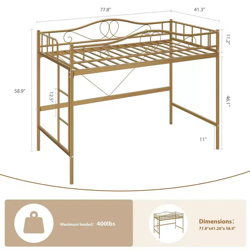Letto a soppalco singolo con scaletta rimovibile e ringhiera di sicurezza completa, letto a soppalco singolo con struttura in metallo robusto capacità di carico 180 kg, salvaspazio