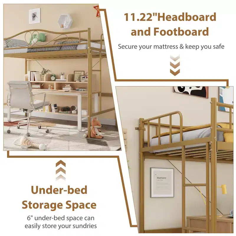 Letto a soppalco singolo con scaletta rimovibile e ringhiera di sicurezza completa, letto a soppalco singolo con struttura in metallo robusto capacità di carico 180 kg, salvaspazio