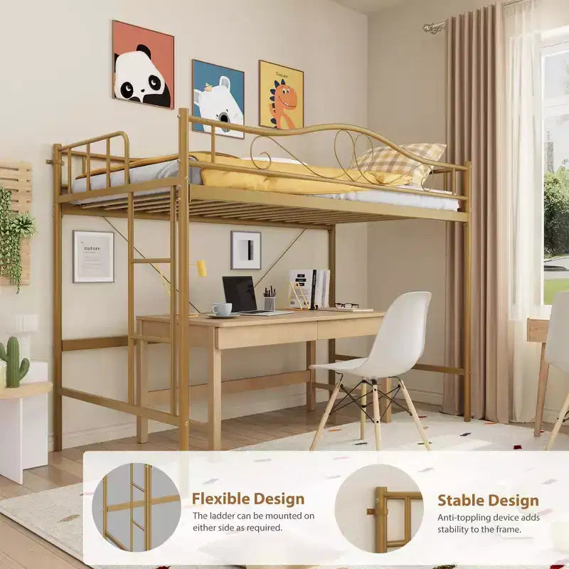 Letto a soppalco singolo con scaletta rimovibile e ringhiera di sicurezza completa, letto a soppalco singolo con struttura in metallo robusto capacità di carico 180 kg, salvaspazio