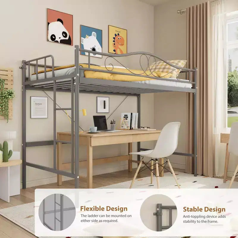 Letto a soppalco singolo con scaletta rimovibile e ringhiera di sicurezza completa, letto a soppalco singolo con struttura in metallo robusto capacità di carico 180 kg, salvaspazio