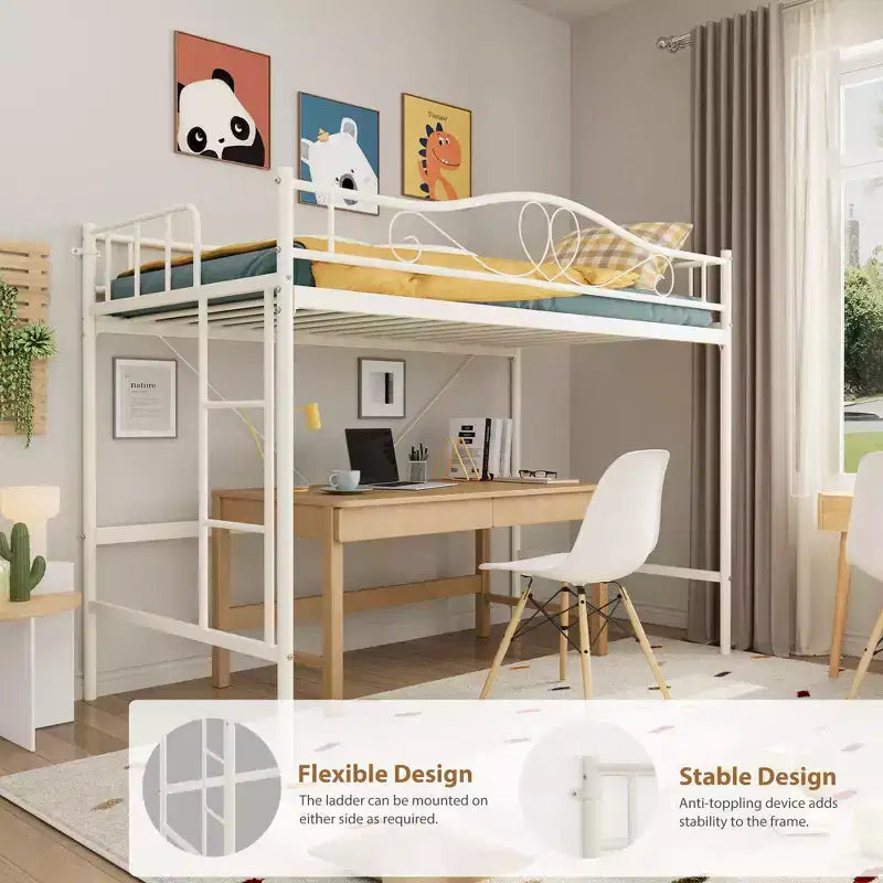 Letto a soppalco singolo con scaletta rimovibile e ringhiera di sicurezza completa, letto a soppalco singolo con struttura in metallo robusto capacità di carico 180 kg, salvaspazio