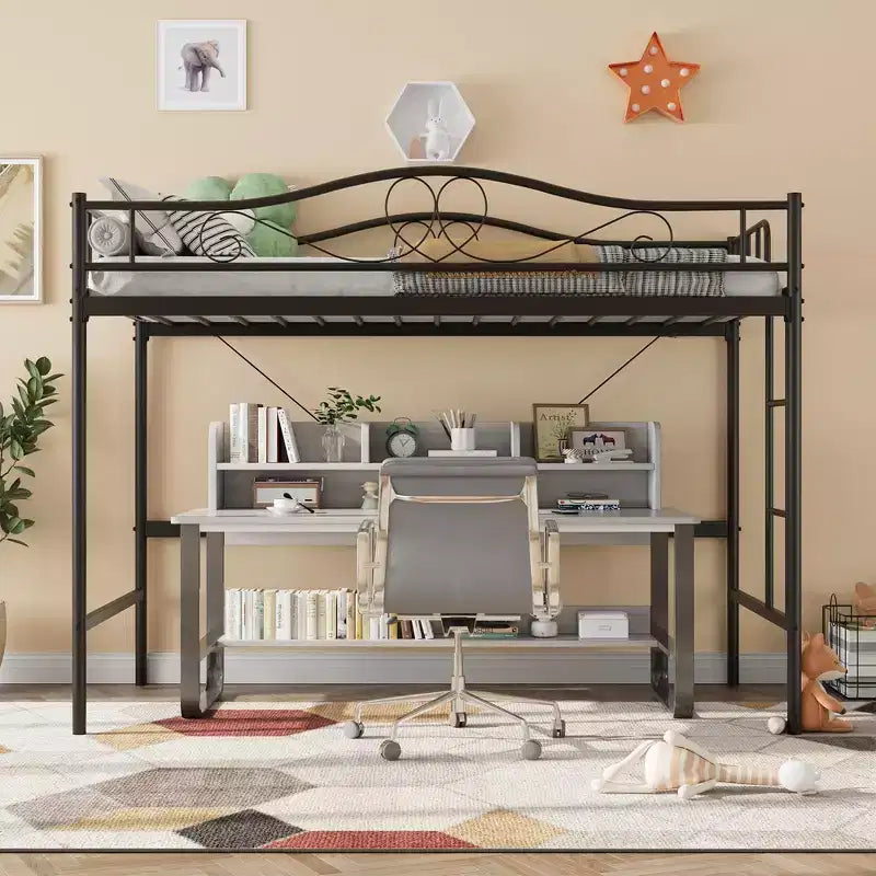 Letto a soppalco singolo con scaletta rimovibile e ringhiera di sicurezza completa, letto a soppalco singolo con struttura in metallo robusto capacità di carico 180 kg, salvaspazio