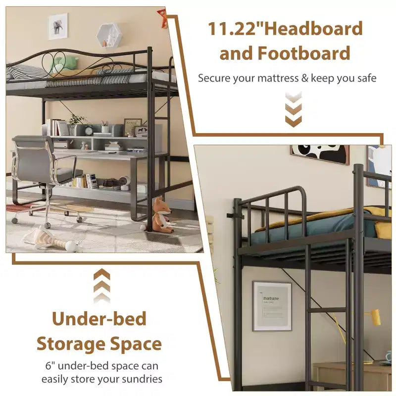 Letto a soppalco singolo con scaletta rimovibile e ringhiera di sicurezza completa, letto a soppalco singolo con struttura in metallo robusto capacità di carico 180 kg, salvaspazio
