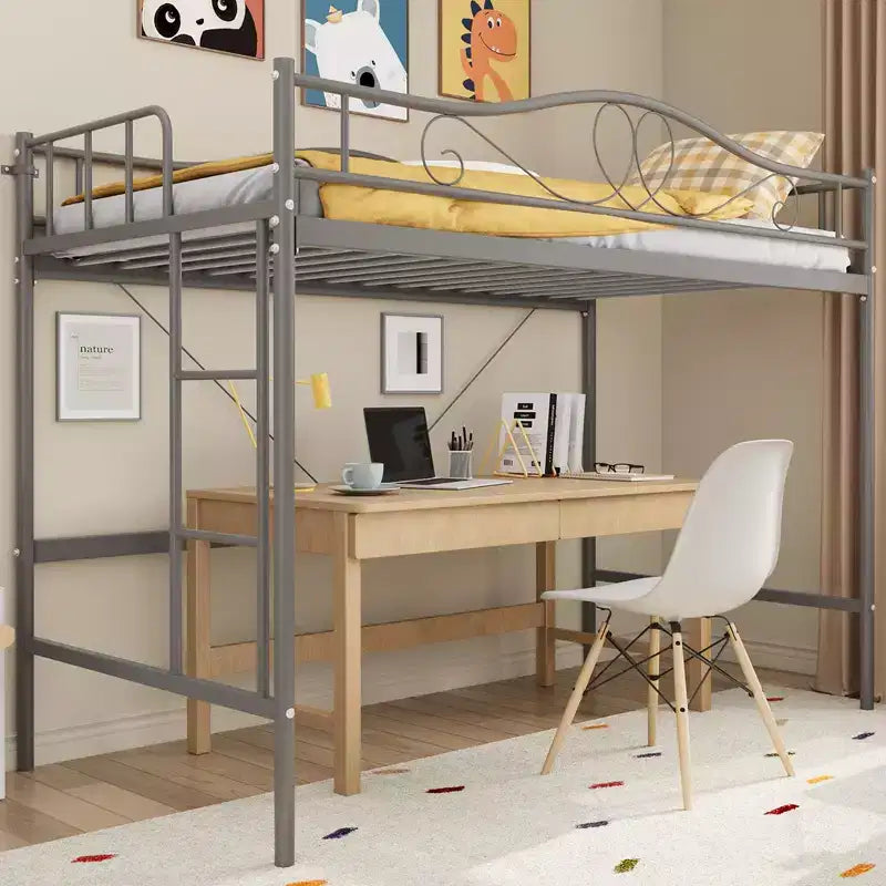Letto a soppalco singolo con scaletta rimovibile e ringhiera di sicurezza completa, letto a soppalco singolo con struttura in metallo robusto capacità di carico 180 kg, salvaspazio
