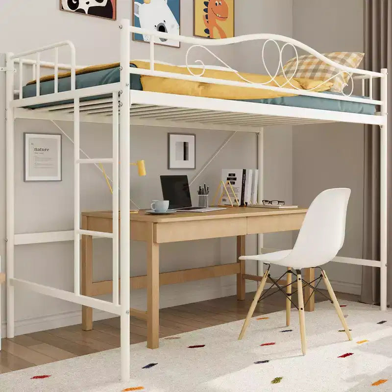 Letto a soppalco singolo con scaletta rimovibile e ringhiera di sicurezza completa, letto a soppalco singolo con struttura in metallo robusto capacità di carico 180 kg, salvaspazio
