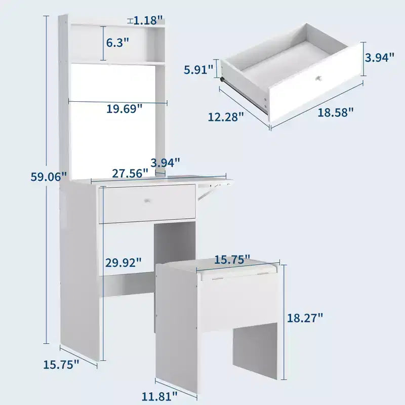 Toeletta compatta con specchio LED intelligente, prese di corrente integrate - Piano pieghevole - Sgabello contenitore e mensole aperte - Ideale per la camera da letto