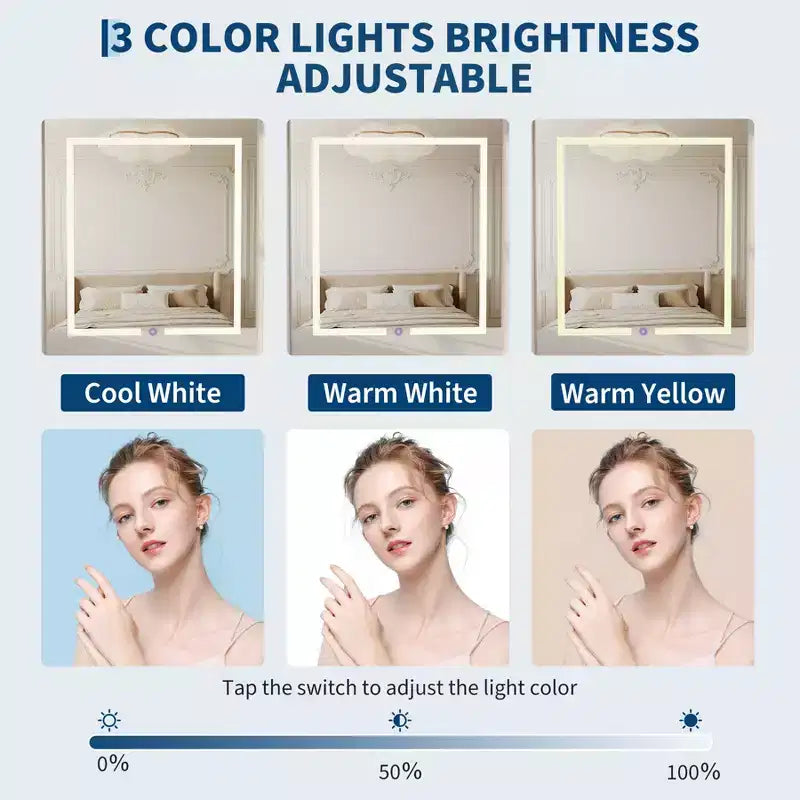 Toeletta compatta con specchio LED intelligente, prese di corrente integrate - Piano pieghevole - Sgabello contenitore e mensole aperte - Ideale per la camera da letto