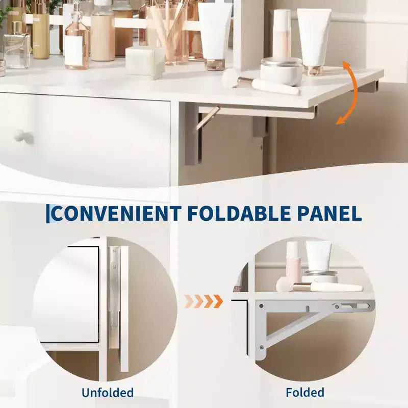 Toeletta compatta con specchio LED intelligente, prese di corrente integrate - Piano pieghevole - Sgabello contenitore e mensole aperte - Ideale per la camera da letto