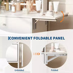 Toeletta compatta con specchio LED intelligente, prese di corrente integrate - Piano pieghevole - Sgabello contenitore e mensole aperte - Ideale per la camera da letto