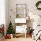 Toeletta compatta con specchio LED intelligente, prese di corrente integrate - Piano pieghevole - Sgabello contenitore e mensole aperte - Ideale per la camera da letto