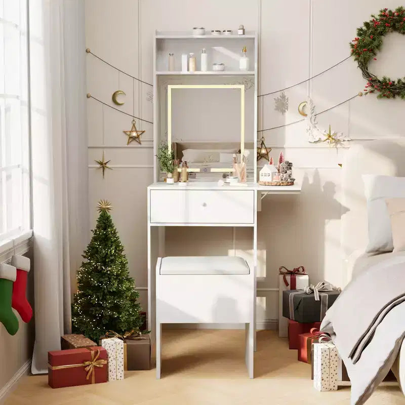 Toeletta compatta con specchio LED intelligente, prese di corrente integrate - Piano pieghevole - Sgabello contenitore e mensole aperte - Ideale per la camera da letto