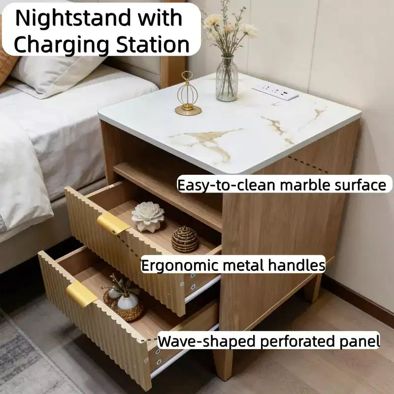 Comodino moderno con stazione di ricarica | Tavolino piccolo da 18" con piano effetto marmo e 2 cassetti | Comodino per camera da letto e soggiorno con finitura rovere
