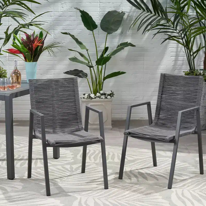 Sedia da Pranzo Moderna da Esterno in Alluminio con Seduta in Corda (Set di 2), Grigio e Grigio Scuro