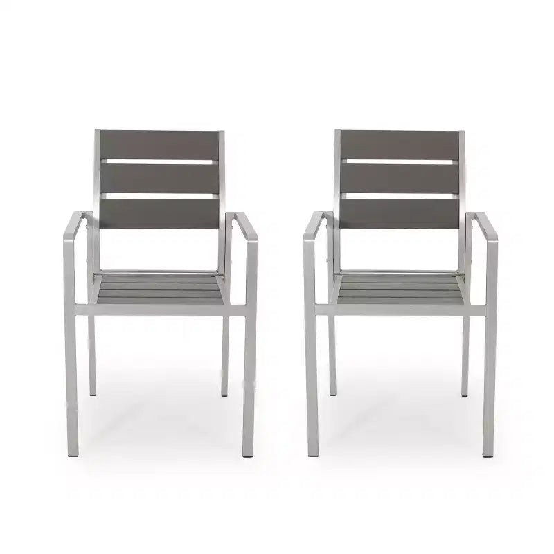 Sedia da pranzo moderna da esterno in alluminio con sedile in finto legno (set di 2), grigio e argento