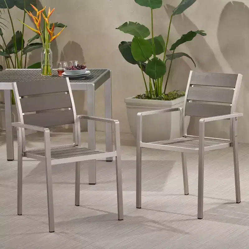 Sedia da pranzo moderna da esterno in alluminio con sedile in finto legno (set di 2), grigio e argento