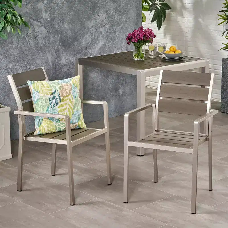 Sedia da pranzo moderna da esterno in alluminio con sedile in finto legno (set di 2), grigio e argento