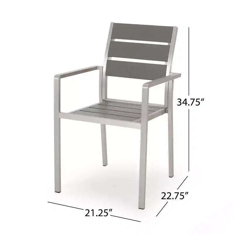 Sedia da pranzo moderna da esterno in alluminio con sedile in finto legno (set di 2), grigio e argento