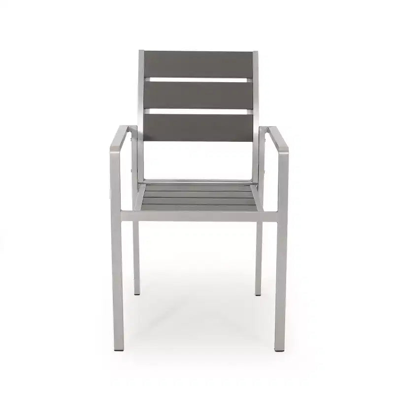 Sedia da pranzo moderna da esterno in alluminio con sedile in finto legno (set di 2), grigio e argento