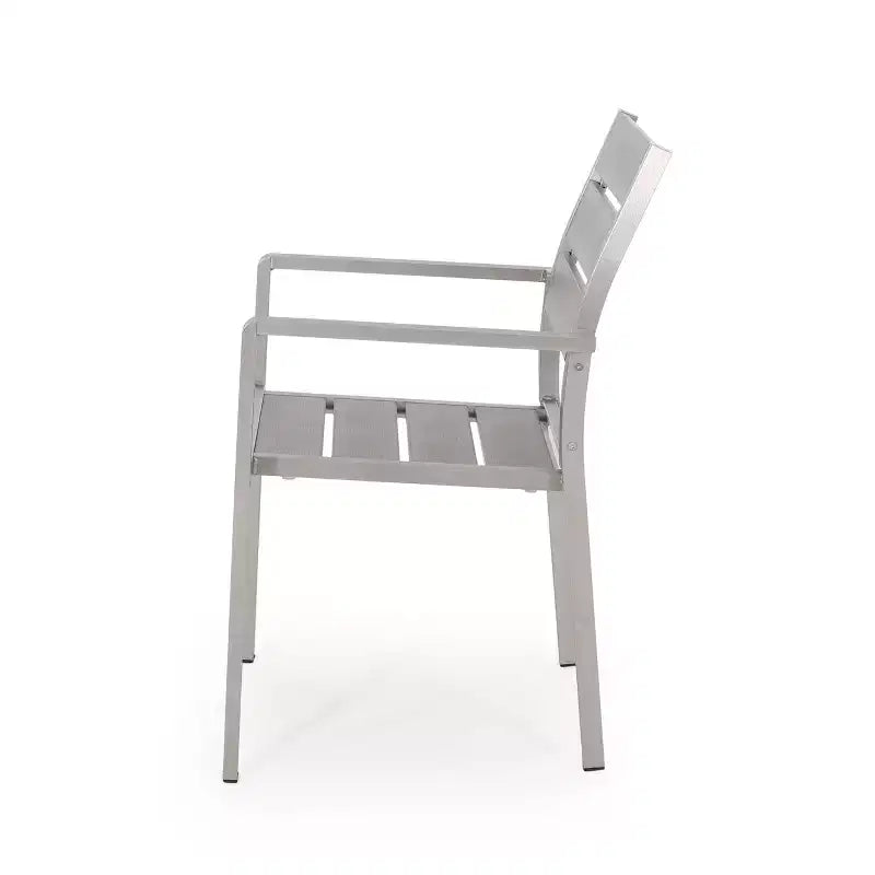 Sedia da pranzo moderna da esterno in alluminio con sedile in finto legno (set di 2), grigio e argento