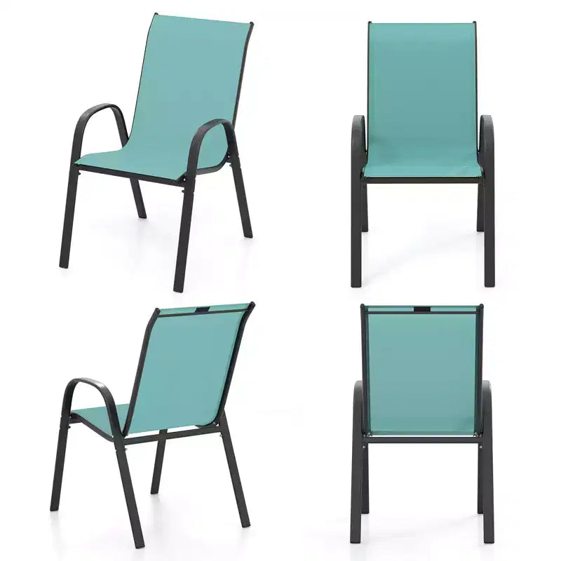 Costway Set of 4 Stackable Patio Chairs All Weather Resistant Breathable & Quick-Dry Fabric Outdoor Dining Chairs w/Armrests Turquoise Blue