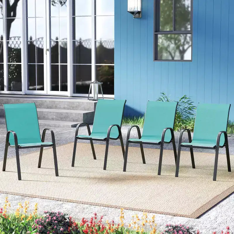 Costway Set di 4 Sedie da Giardino Impilabili, Resistenti alle Intemperie, Tessuto Traspirante e ad Asciugatura Rapida, Sedie da Pranzo da Esterno con Braccioli, Turchese