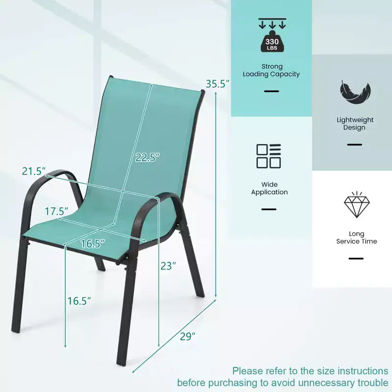 Costway Set di 4 Sedie da Giardino Impilabili, Resistenti alle Intemperie, Tessuto Traspirante e ad Asciugatura Rapida, Sedie da Pranzo da Esterno con Braccioli, Turchese