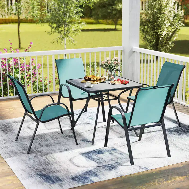 Costway Set di 4 Sedie da Giardino Impilabili, Resistenti alle Intemperie, Tessuto Traspirante e ad Asciugatura Rapida, Sedie da Pranzo da Esterno con Braccioli, Turchese