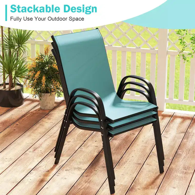 Costway Set di 4 Sedie da Giardino Impilabili, Resistenti alle Intemperie, Tessuto Traspirante e ad Asciugatura Rapida, Sedie da Pranzo da Esterno con Braccioli, Turchese