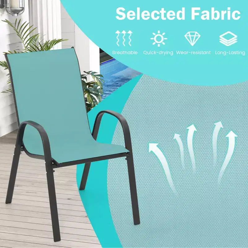 Costway Set di 4 Sedie da Giardino Impilabili, Resistenti alle Intemperie, Tessuto Traspirante e ad Asciugatura Rapida, Sedie da Pranzo da Esterno con Braccioli, Turchese