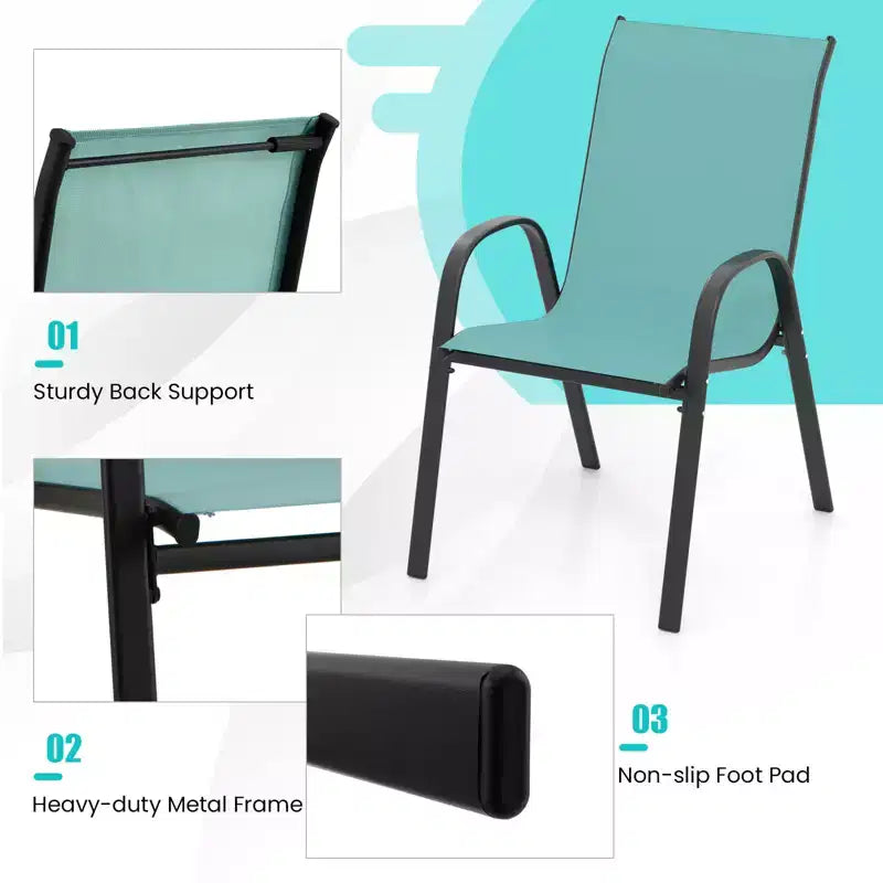 Costway Set di 4 Sedie da Giardino Impilabili, Resistenti alle Intemperie, Tessuto Traspirante e ad Asciugatura Rapida, Sedie da Pranzo da Esterno con Braccioli, Turchese