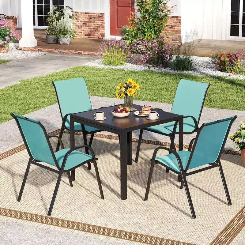 Costway Set di 4 Sedie da Giardino Impilabili, Resistenti alle Intemperie, Tessuto Traspirante e ad Asciugatura Rapida, Sedie da Pranzo da Esterno con Braccioli, Turchese