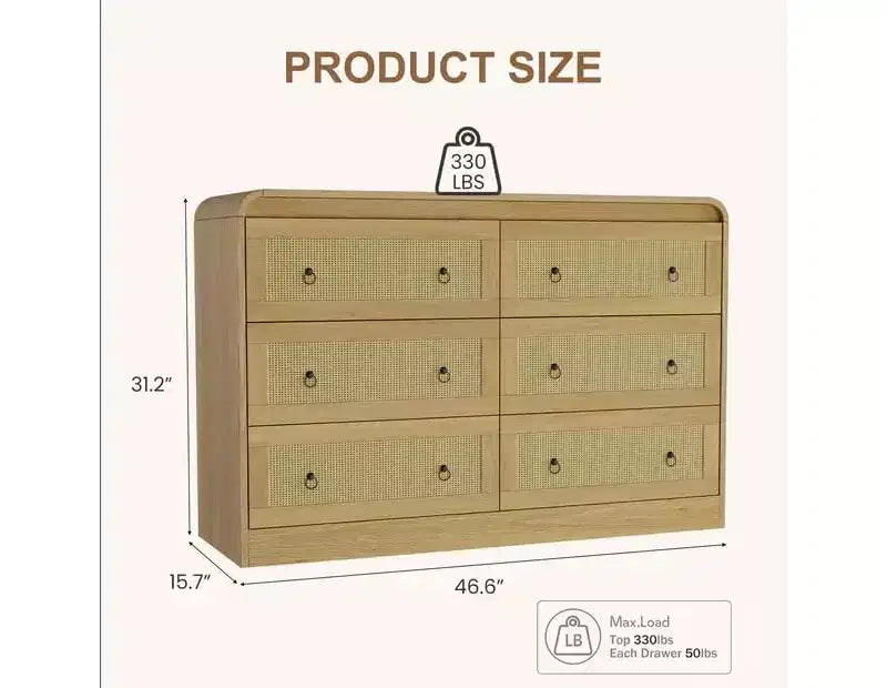 Cassettiera a 6 cassetti in Rattan larga 46'' - Mobile TV moderno con angoli arrotondati per Camera da letto e Soggiorno