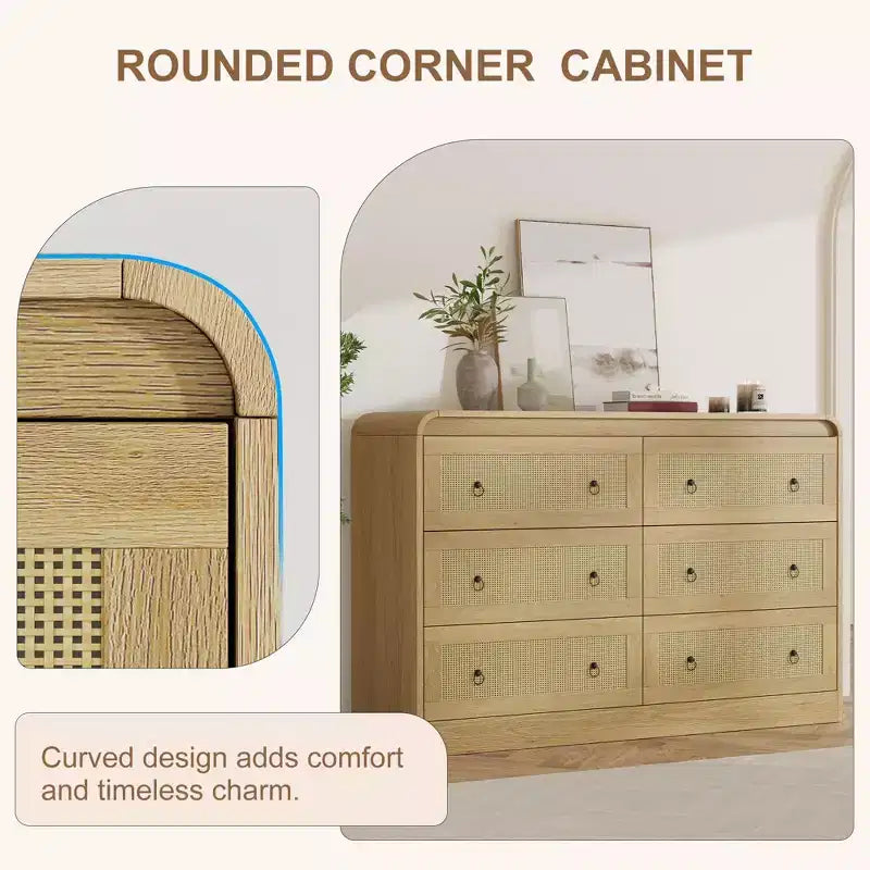 Cassettiera a 6 cassetti in Rattan larga 46'' - Mobile TV moderno con angoli arrotondati per Camera da letto e Soggiorno