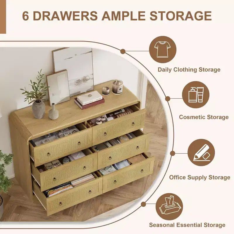 Cassettiera a 6 cassetti in Rattan larga 46'' - Mobile TV moderno con angoli arrotondati per Camera da letto e Soggiorno