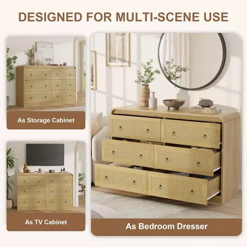 Cassettiera a 6 cassetti in Rattan larga 46'' - Mobile TV moderno con angoli arrotondati per Camera da letto e Soggiorno