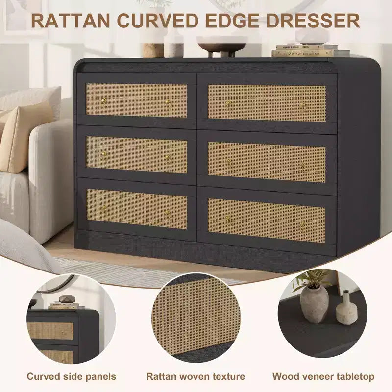 Cassettiera a 6 cassetti in Rattan larga 46'' - Mobile TV moderno con angoli arrotondati per Camera da letto e Soggiorno