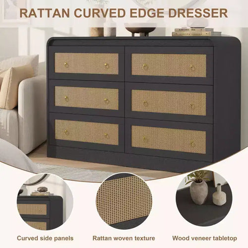 Cassettiera a 6 cassetti in Rattan larga 46'' - Mobile TV moderno con angoli arrotondati per Camera da letto e Soggiorno