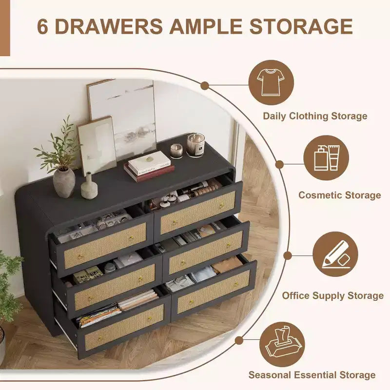 Cassettiera a 6 cassetti in Rattan larga 46'' - Mobile TV moderno con angoli arrotondati per Camera da letto e Soggiorno