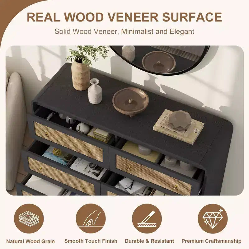 Cassettiera a 6 cassetti in Rattan larga 46'' - Mobile TV moderno con angoli arrotondati per Camera da letto e Soggiorno