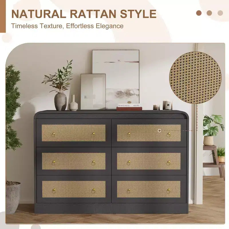 Cassettiera a 6 cassetti in Rattan larga 46'' - Mobile TV moderno con angoli arrotondati per Camera da letto e Soggiorno