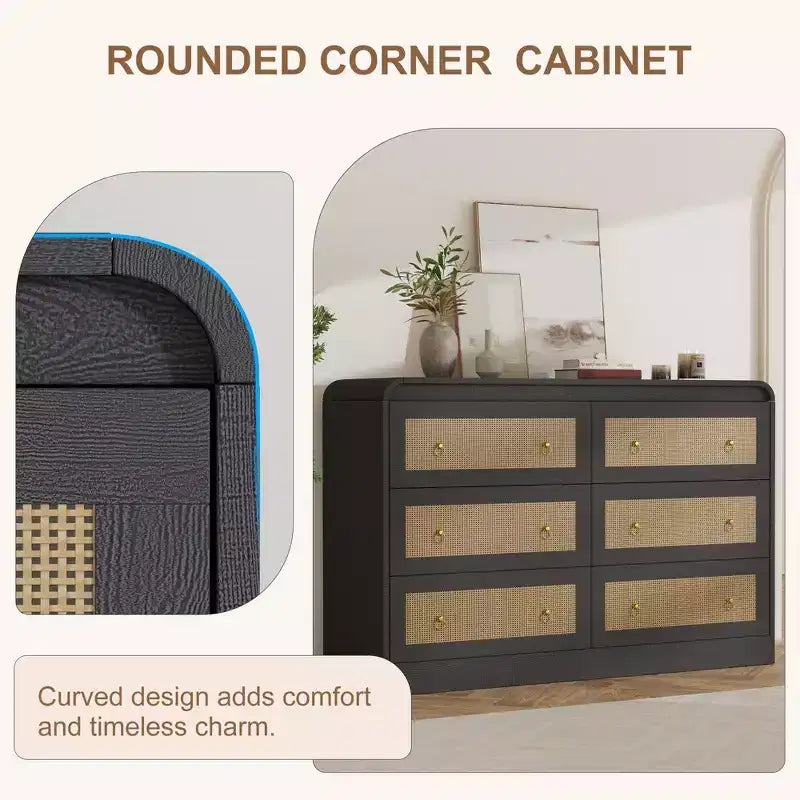 Cassettiera a 6 cassetti in Rattan larga 46'' - Mobile TV moderno con angoli arrotondati per Camera da letto e Soggiorno