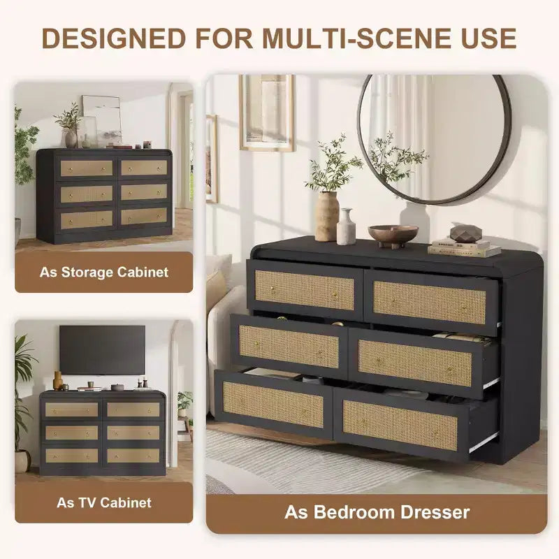 Cassettiera a 6 cassetti in Rattan larga 46'' - Mobile TV moderno con angoli arrotondati per Camera da letto e Soggiorno