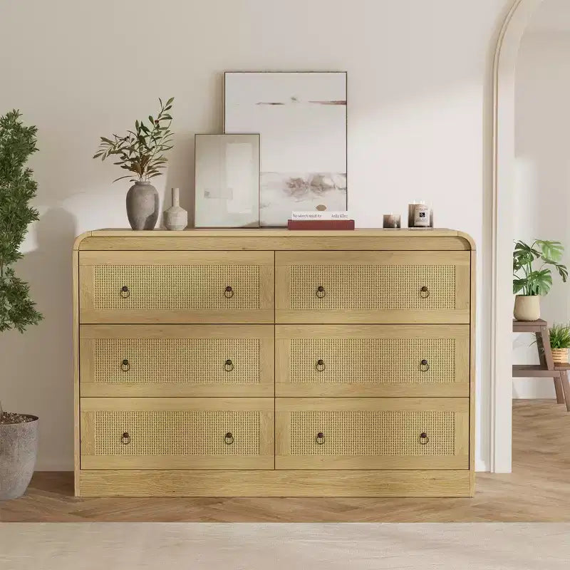 Cassettiera a 6 cassetti in Rattan larga 46'' - Mobile TV moderno con angoli arrotondati per Camera da letto e Soggiorno