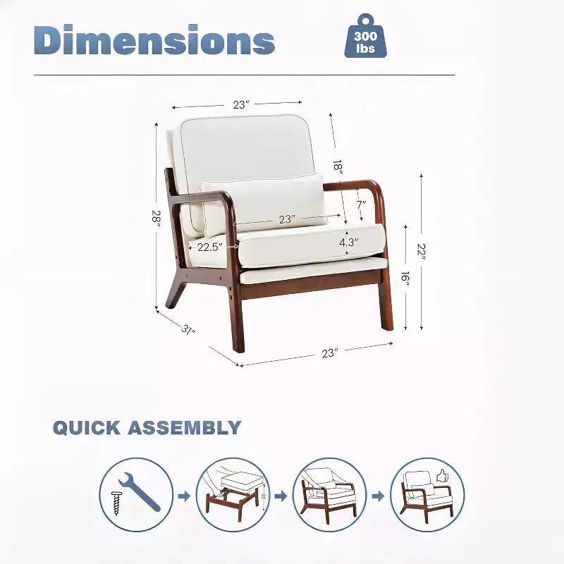 Poltrona accentato moderna di metà secolo con braccioli, cuscino lombare, struttura in legno massiccio, sedia lounge color crema