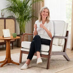 Poltrona accentato moderna di metà secolo con braccioli, cuscino lombare, struttura in legno massiccio, sedia lounge color crema