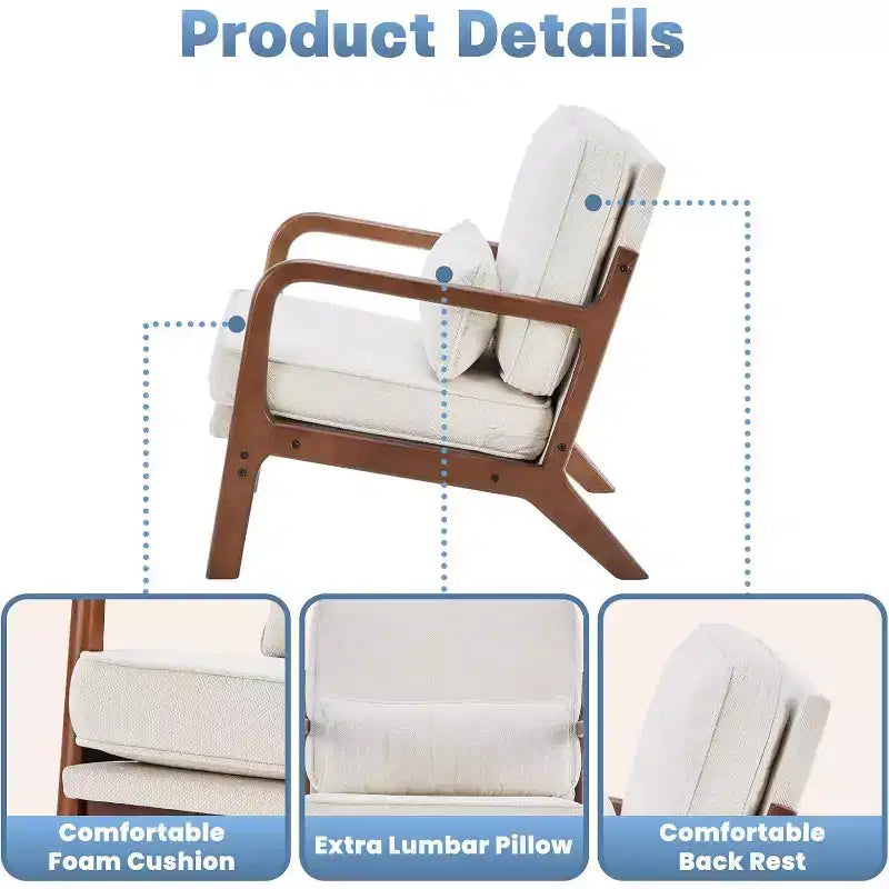 Poltrona accentato moderna di metà secolo con braccioli, cuscino lombare, struttura in legno massiccio, sedia lounge color crema
