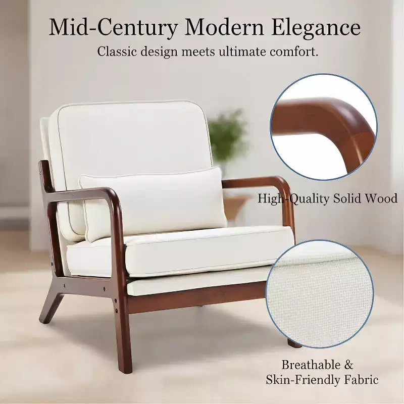 Poltrona accentato moderna di metà secolo con braccioli, cuscino lombare, struttura in legno massiccio, sedia lounge color crema