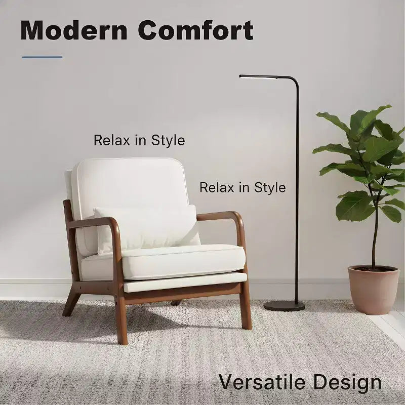 Poltrona accentato moderna di metà secolo con braccioli, cuscino lombare, struttura in legno massiccio, sedia lounge color crema