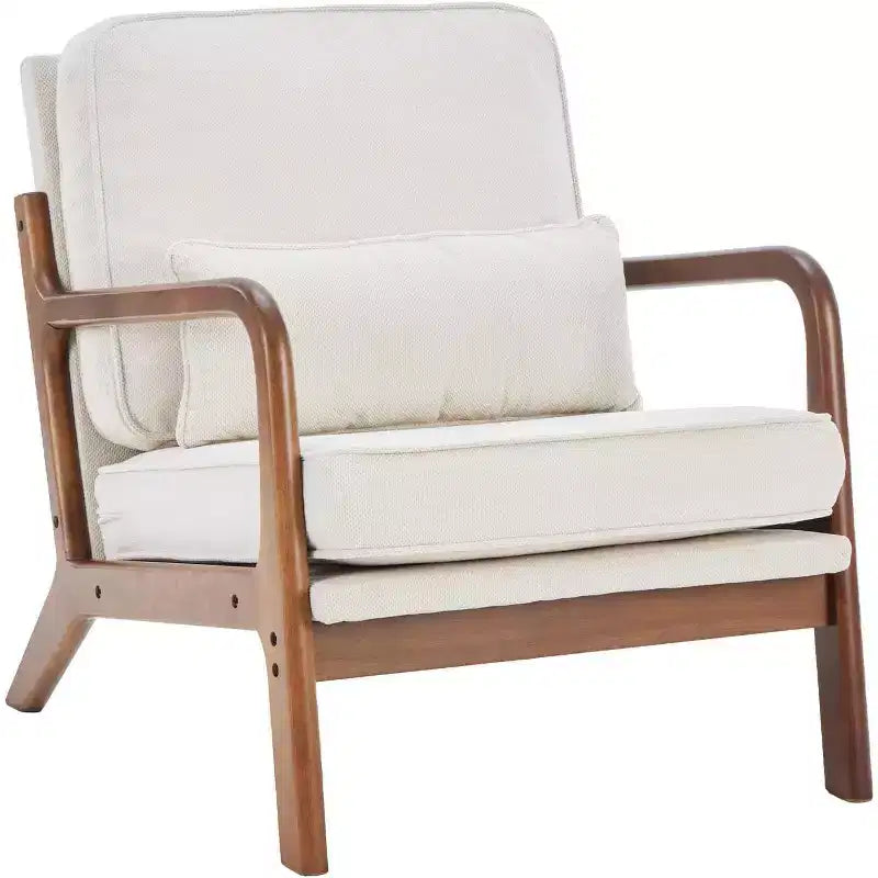 Poltrona accentato moderna di metà secolo con braccioli, cuscino lombare, struttura in legno massiccio, sedia lounge color crema